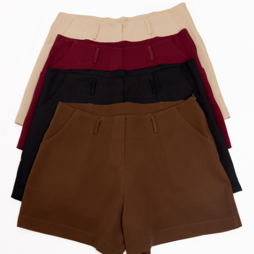 Short Alfaiataria Feminino Elegante Cintura Alta com Bolsos, Zíper na Lateral e Passador para Cinto – Moda Executiva