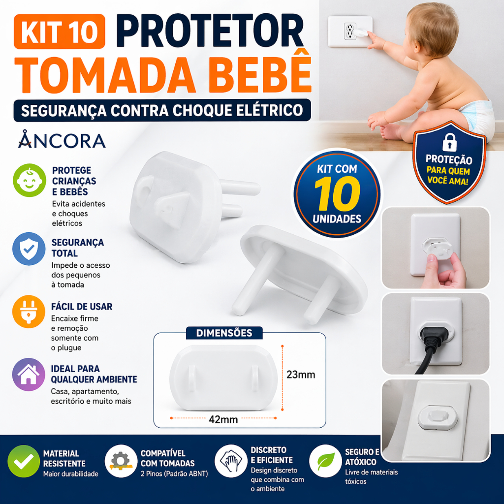 Kit 10 Protetor Tomada Bebê Segurança Contra Choque Elétrico - Ancora