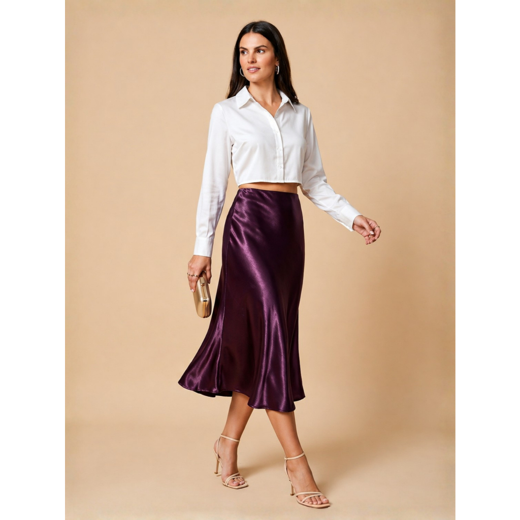 Saia Midi Satinada Feminina Elegante Cintura Alta Envio Rápido