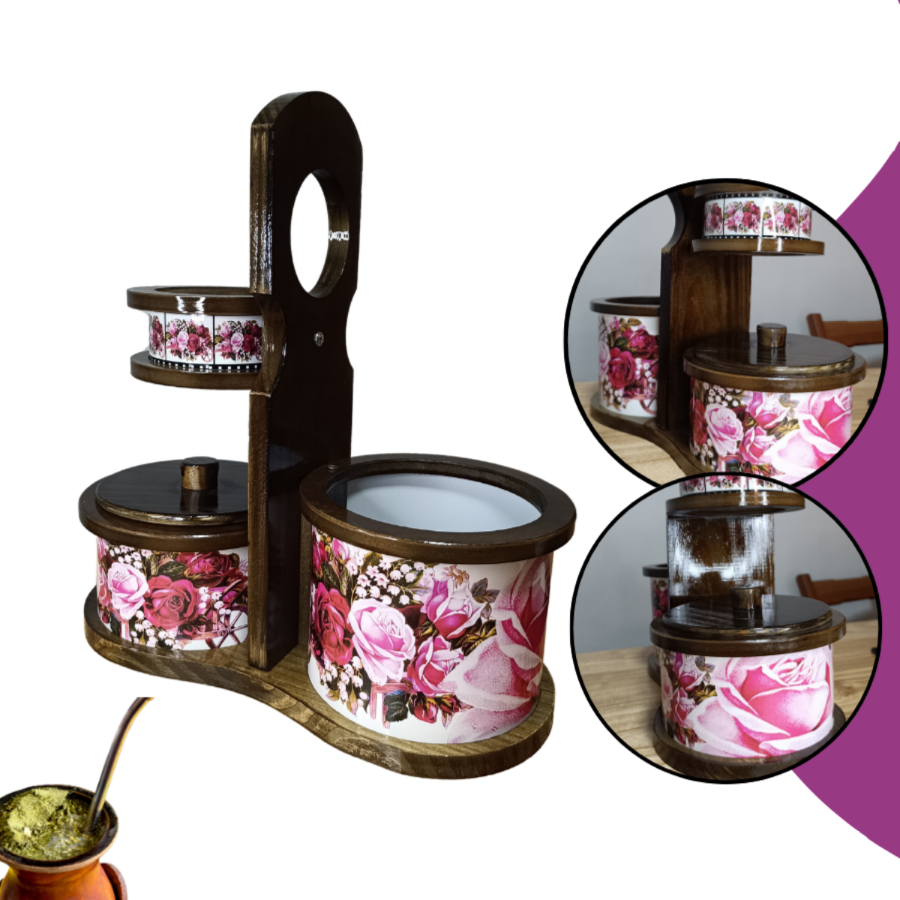 Mateira de Madeira Porta Térmica Cuia e Erva Kit Bolsa Suporte Chimarrão Decorado Artesanal