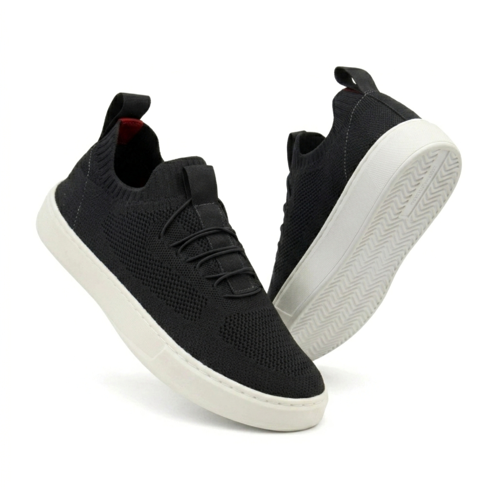 Tênis Slip On Masculino em Malha Knit Cinza com Cadarço e Solado Branco Flexível Estilo Urbano
