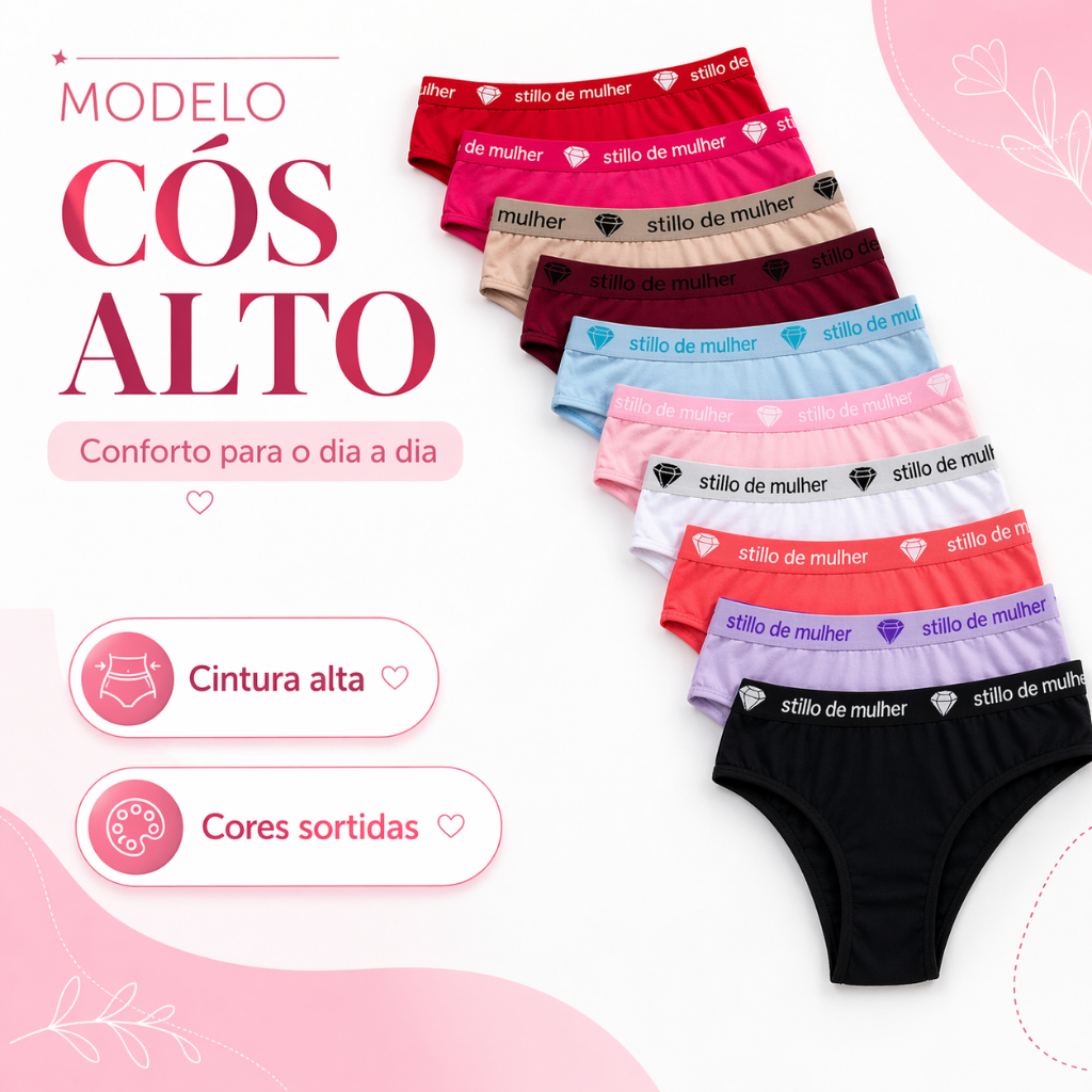Kit 10 e 5 Calcinha Conforto Cós Alto 100% Algodão Stillo de Mulher Liso