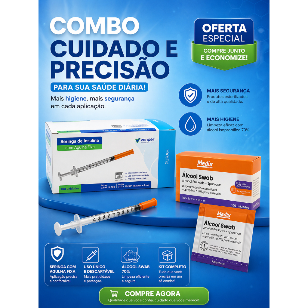 Kit Seringa de Insulina com Agulha Fixa  0,5ml  U-100 | + Álcool Swab