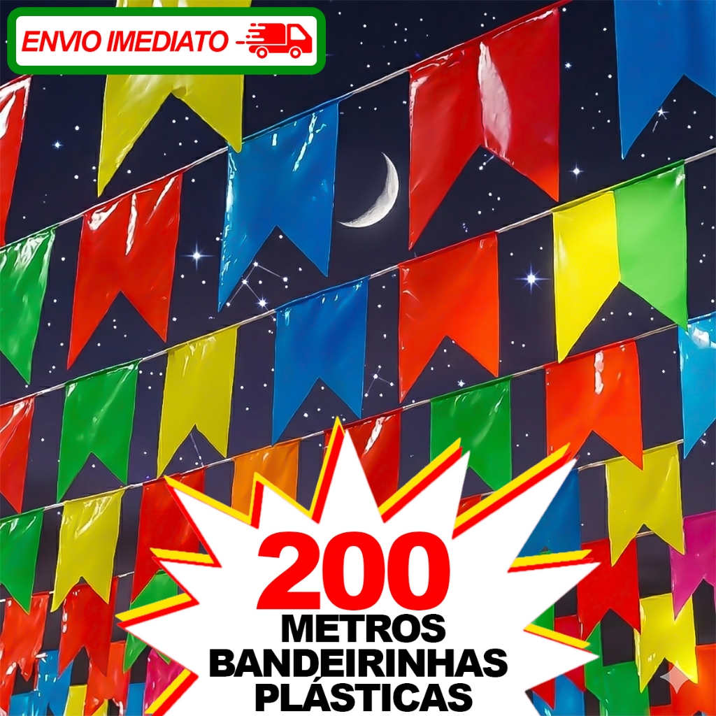 Kit 200 Metros Bandeirinhas Festa Junina Plástico Decoração Julina São João Arraia