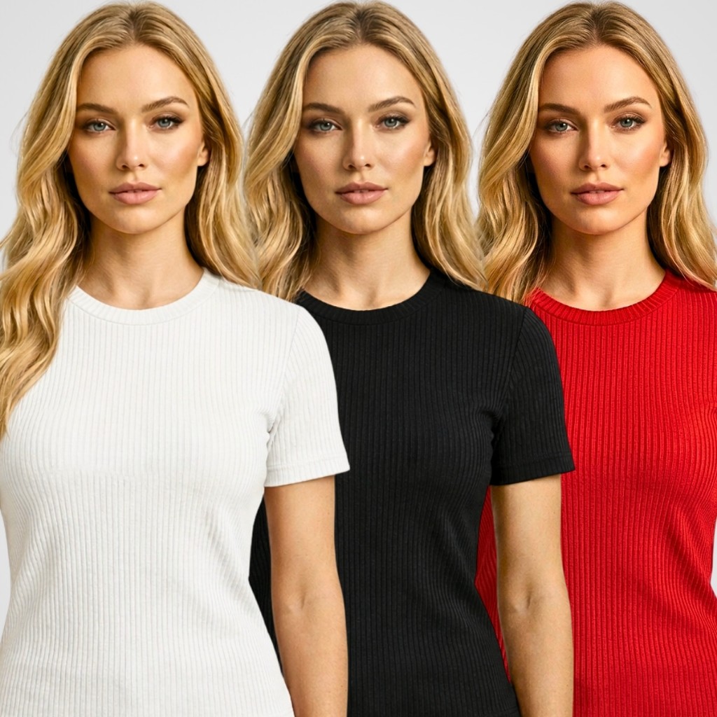 Kit 3 Blusa Feminina Camiseta Canelada Ribana Slim Fit Justa Básica Elegante Confortável Versátil