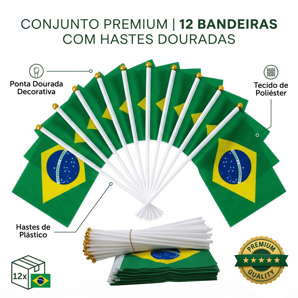 Kit 12 Bandeirinhas Do Brasil De Mão Com Haste Copa Do Mundo Torcerdor