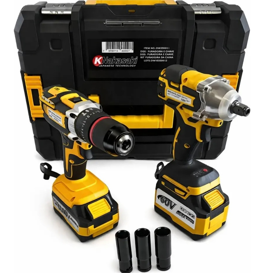 Kit Parafusadeira Furadeira + Chave de Impacto 60V Sem Fio Nakasaki DW25501 Profissional