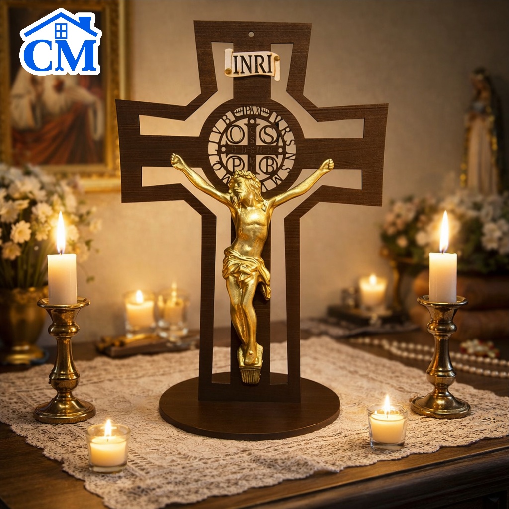 Crucifixo De São Bento De Madeira Com Cristo Dourado / Decoração Religiosa  - crucifixo Decorativo Altar - Sala / Quarto