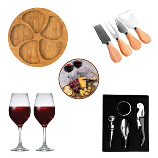 Kit Vinho Petisqueira Madeira 2 Taças 4 Facas Queijo 5 Acessórios Completo