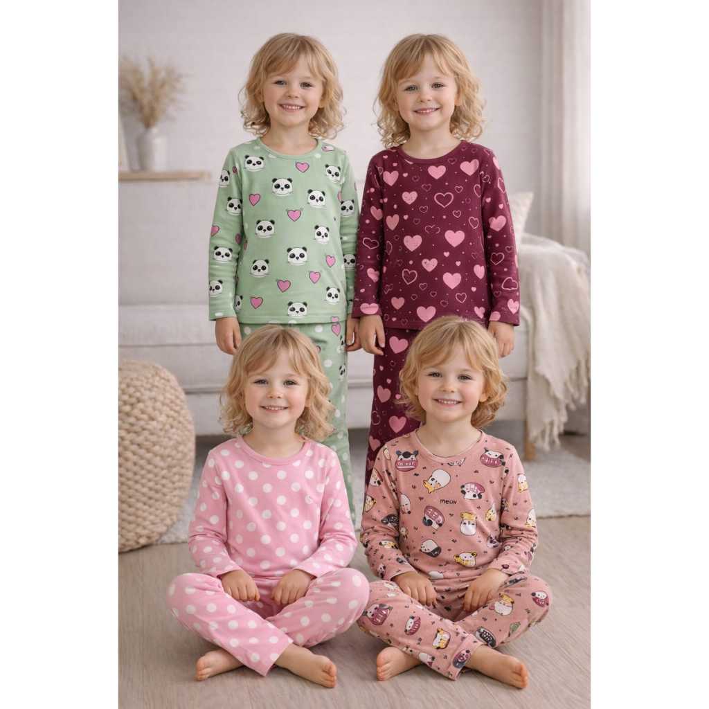 Kit 2 Pijama Infantil Feminino Inverno Suede Quentinho Manga Longa Conjunto de Pijamas Estampado Confortável Menina