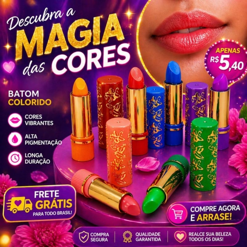 ​"Batom Mágico Verde - 24h de Duração e Cor Personalizada (Não Sai na Água)"