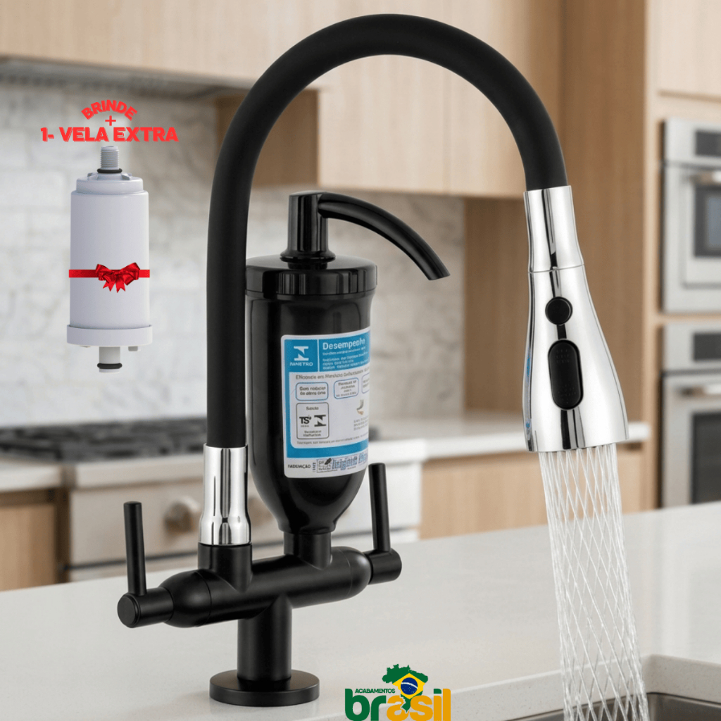 Torneira Filtro Gourmet 3 Jatos Bancada Flexível Preta Alta Pressão + 1 vela extra