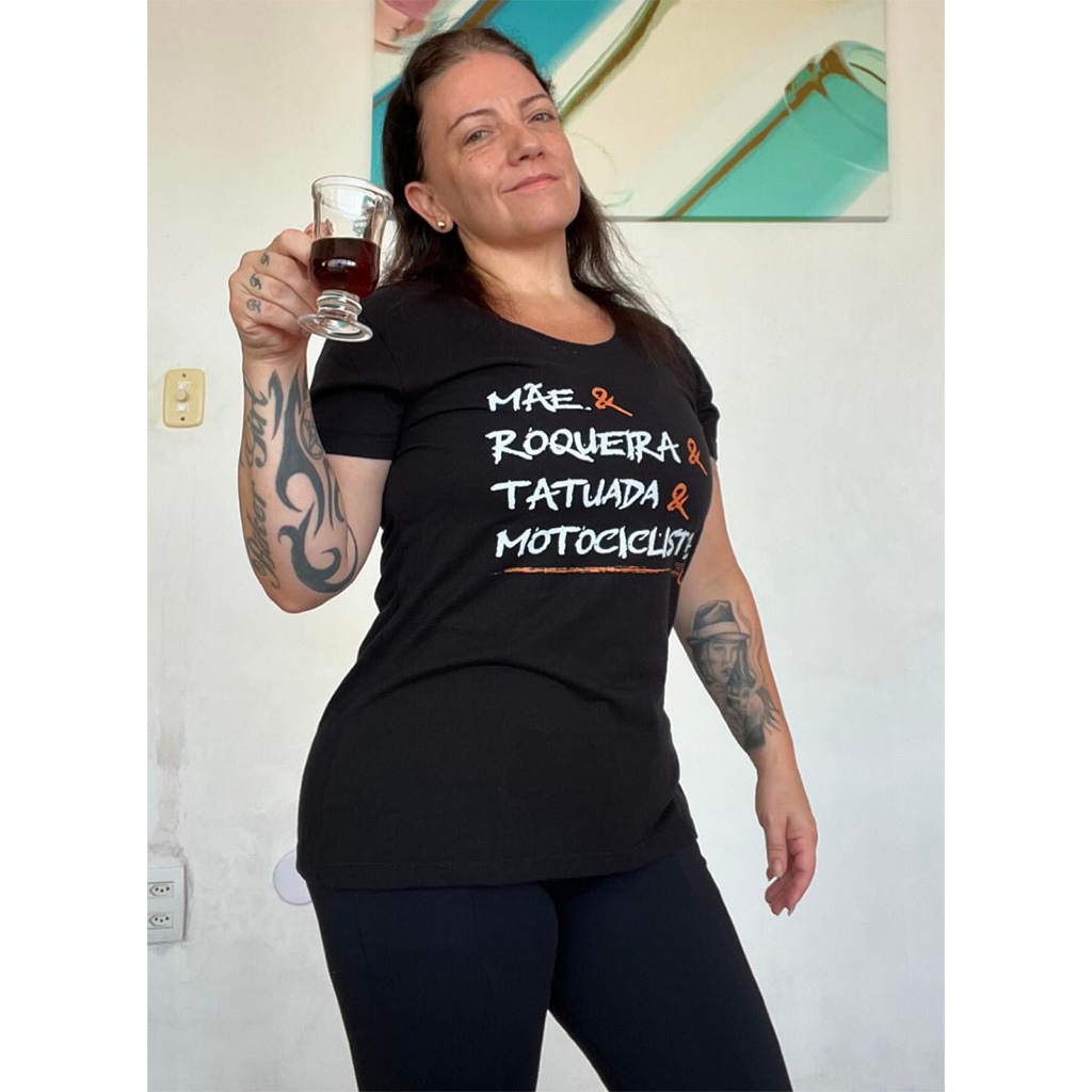Camiseta Algodão Peruano Baby Look Mãe, Roqueira, Tatuada, Motociclista Wanted Supply