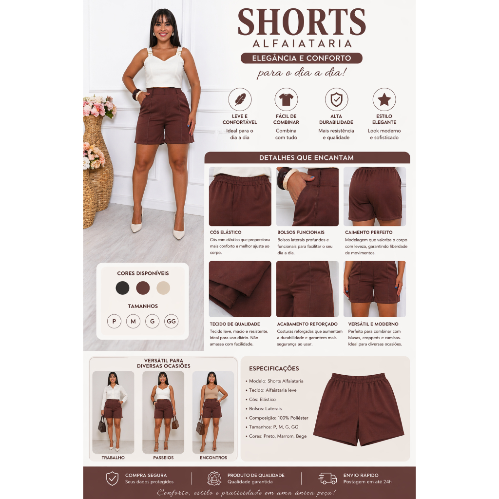 Shorts Bermuda Feminino Cintura Alta com Elástico nas Costas – Modelagem Perfeita + Conforto