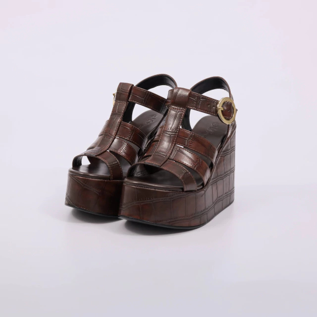 Sandália Feminina Marrom Escuro Plataforma Anabela Croco Fivela Dourada Elegante Moderna Eloah