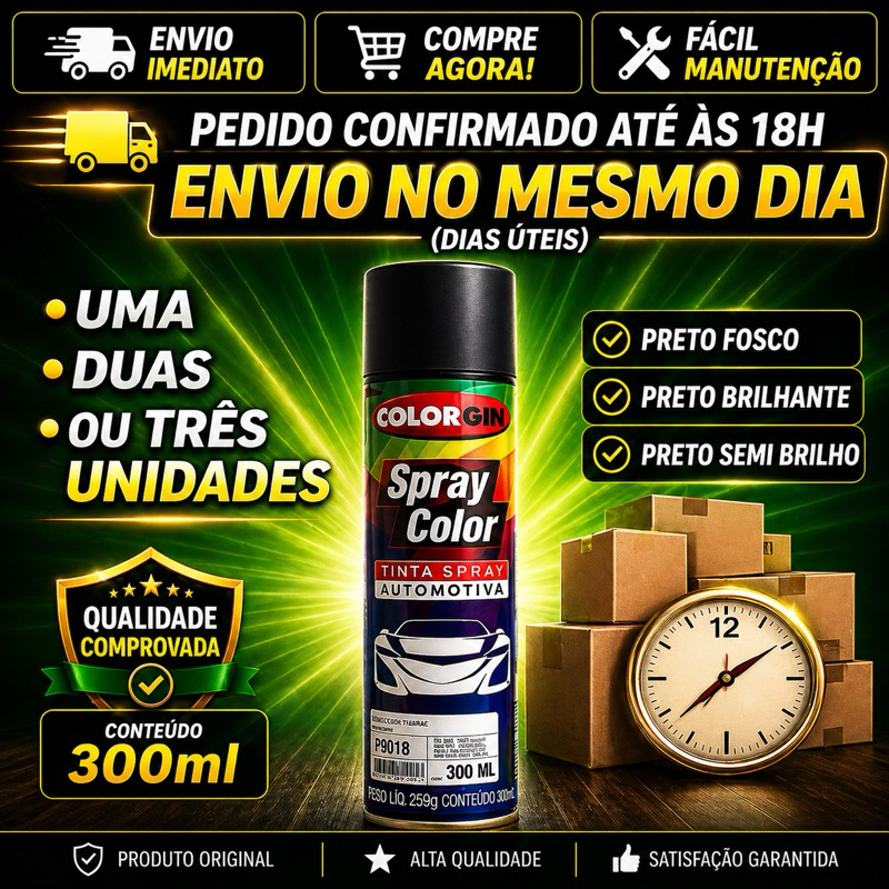 Spray Automotivo Colorgin Preto Brilhante ou Fosco ou Semi brilho  300ml