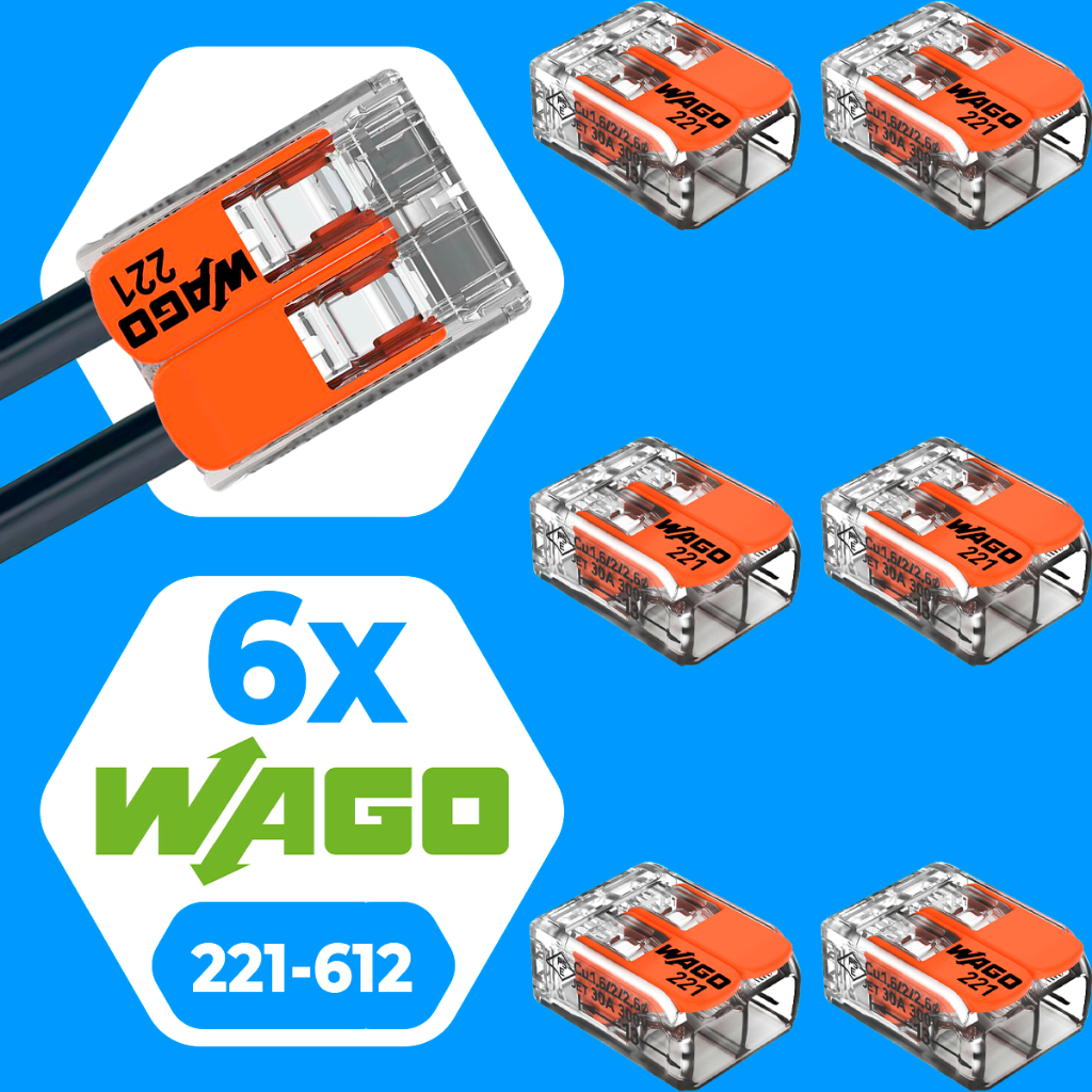 Kit 6 Peças Conector Wago Original 221-612 Emenda Chuveiro 2 polos 6mm 41A Conexão Automática