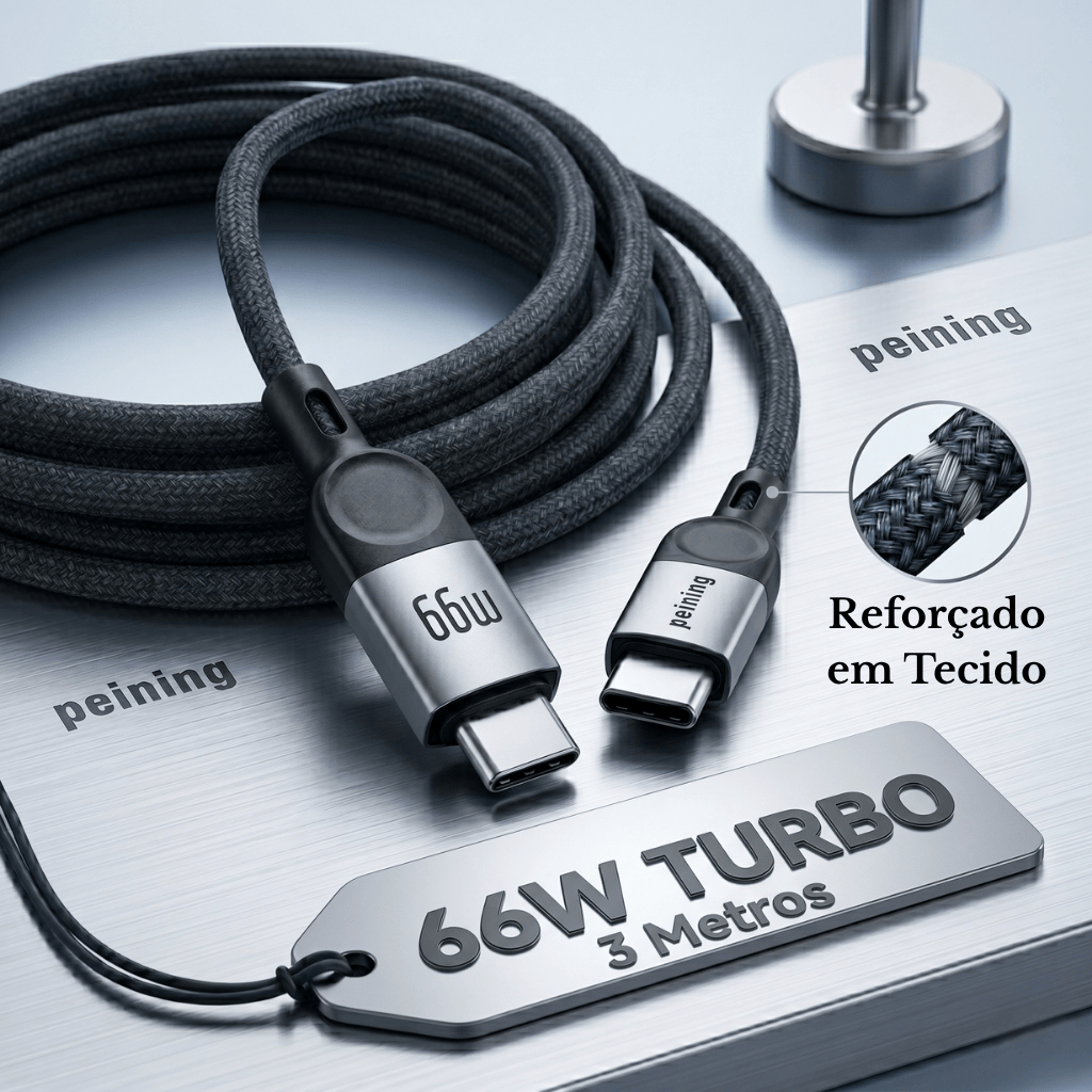 Cabo de Carregamento 3 Metros Turbo 66w Super Reforçado Tipo C Duplo Para Android e Iphone