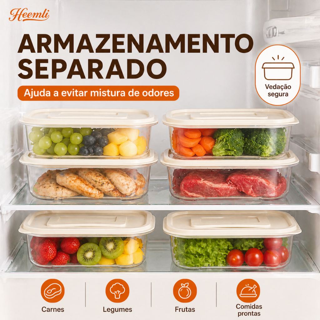 Pote Hermético para Alimentos Organizador de Geladeira Marmita Pote com Tampa Retangular Redondo Heemli