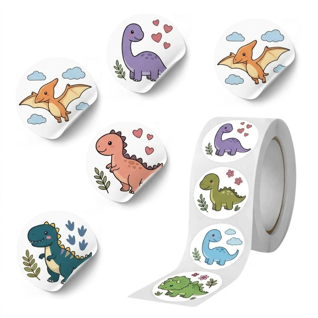 Kit 128 Adesivos Dinossauros Kawaii Fofo Redondo Vinil 3x3cm Lembrancinha Festa personalizado parede
