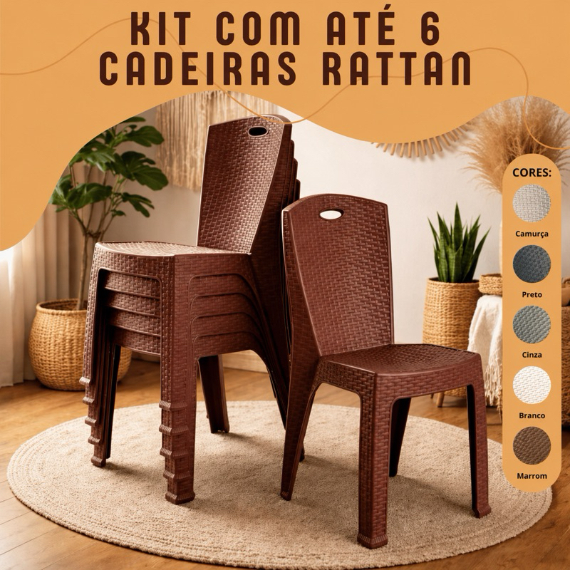 Cadeiras Rattan Reforçada Empilhável Kit com até 6un Escritório Varanda Piscina Salão Área Lazer Cozinha Plástico