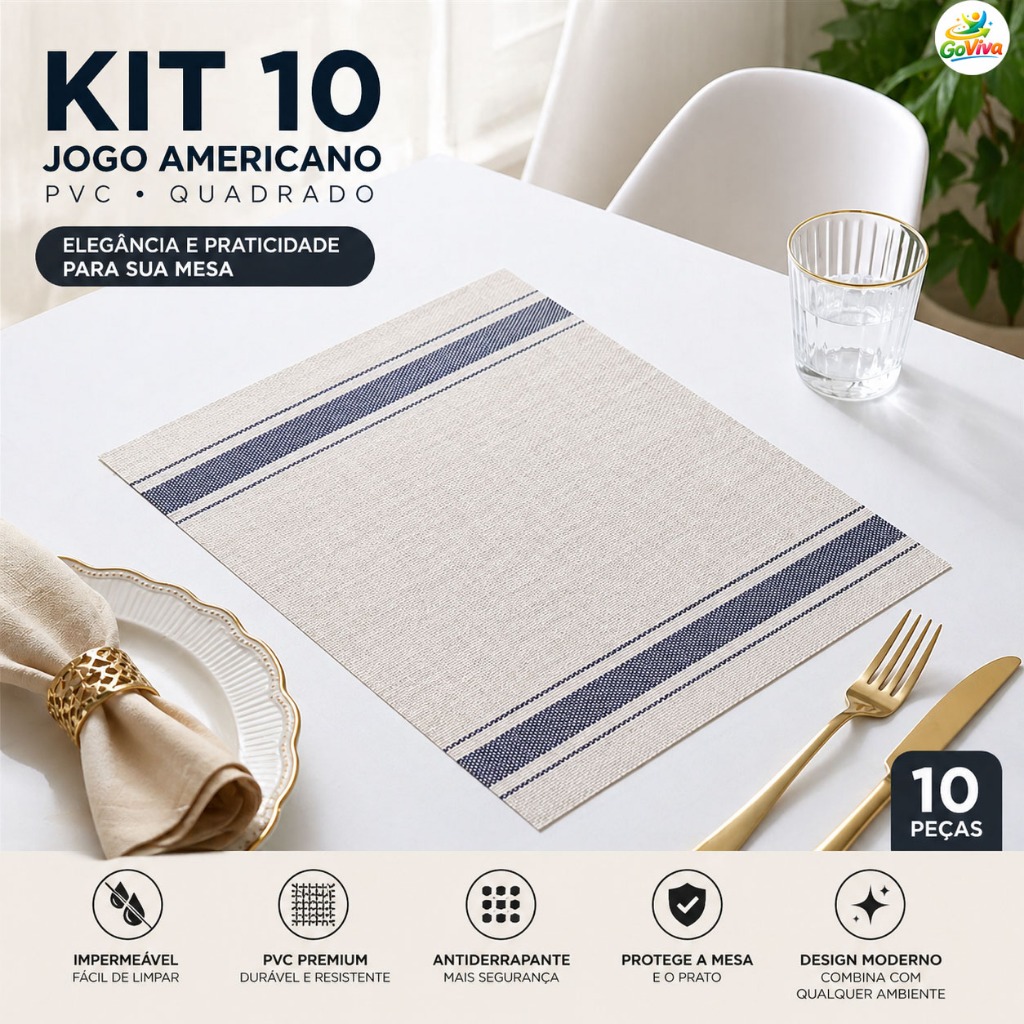 Kit 10 Jogo Americano PVC Impermeável Mesa Jantar Descanso de Prato Quadrado Antiderrapante Fácil de Limpar Moderno