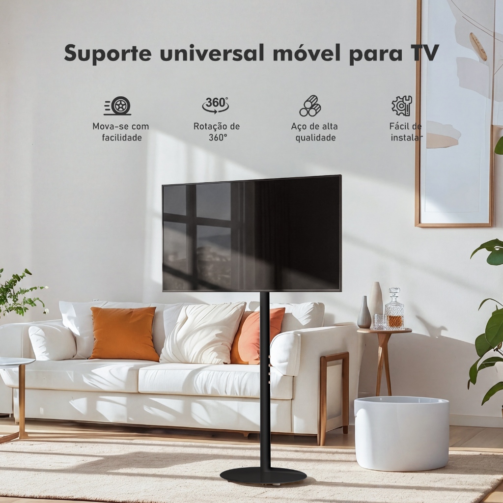 Suporte móvel para TV 360 graus 50kg 24 a 46 polegadas com canaleta para cabos rodízio giratório