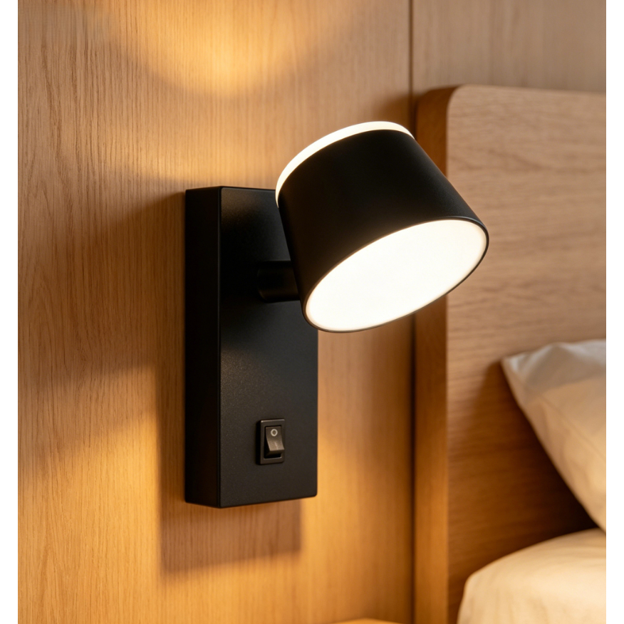 Arandela Spot LED Cabeceira Redonda 7W Bivolt 3000K Branco Preta IP44 com Interruptor
