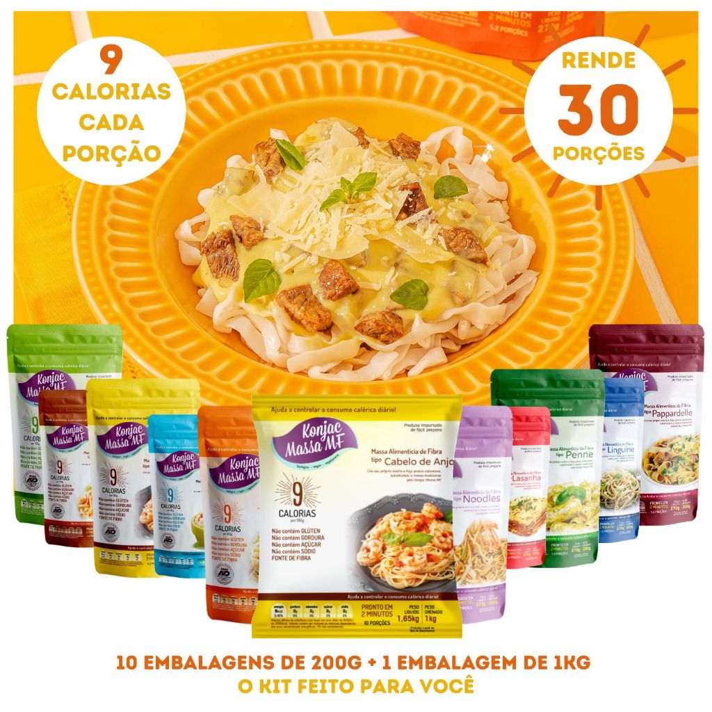 Kit Mês 30 Porções Konjac Massa Tipo Macarrão Sem Glúten Sache de 1Kg + 10 de 200g Vegetal Dieta Para o Mês