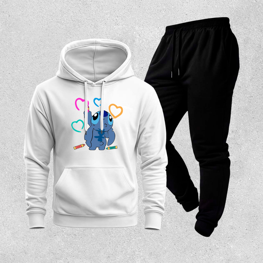 Conjunto Moletom Feminino Estampa Stitch Com Calça Jogger Preta Fofo Casual Estiloso Confortável