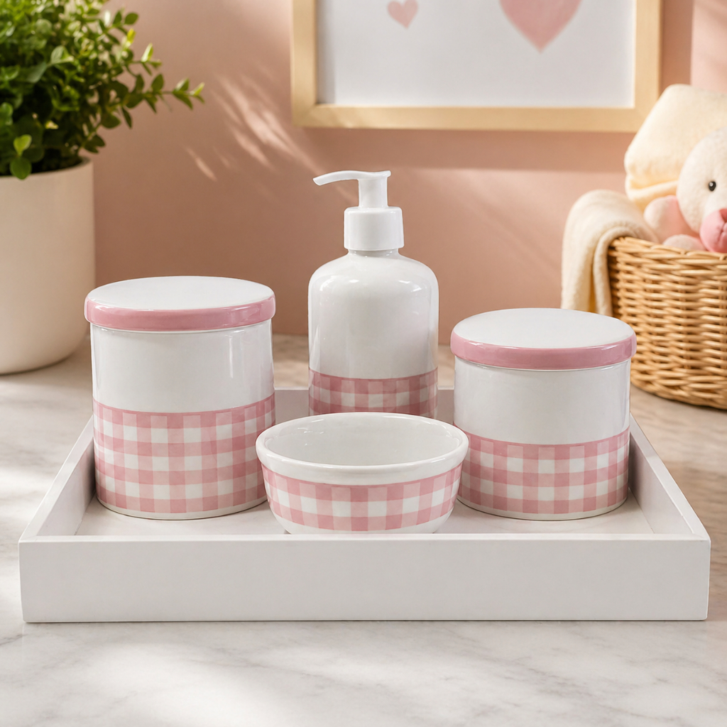 Kit Bebe Porcelana Higiene Menina Menino Rosa Verde Maternidade Xadrez Delicado