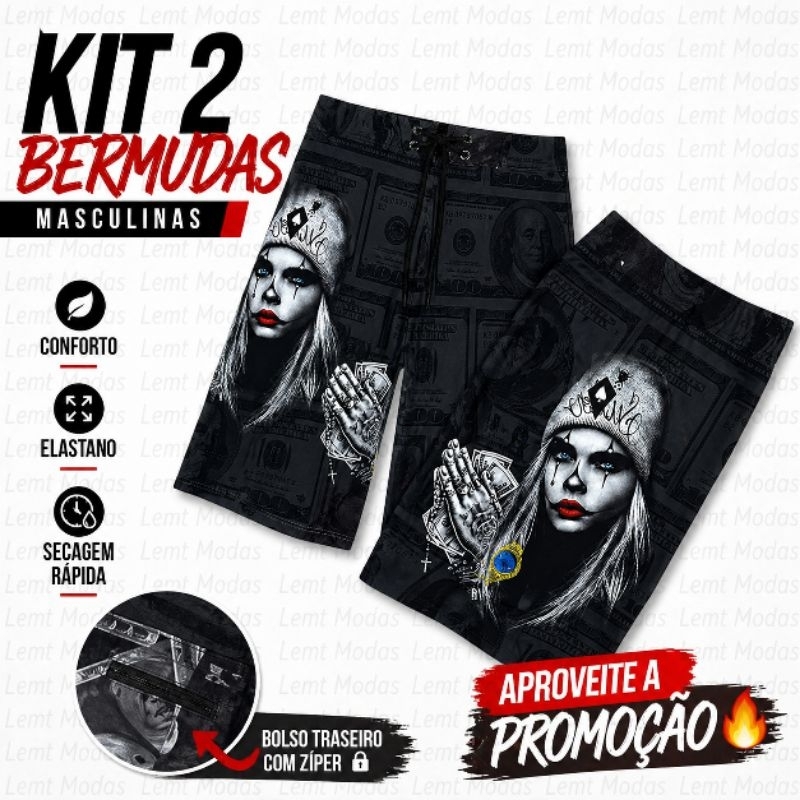 KIT 2 Bermudas Masculinas Elastano 🔥 Confortáveis | Secagem Rápida | Bolso com Zíper