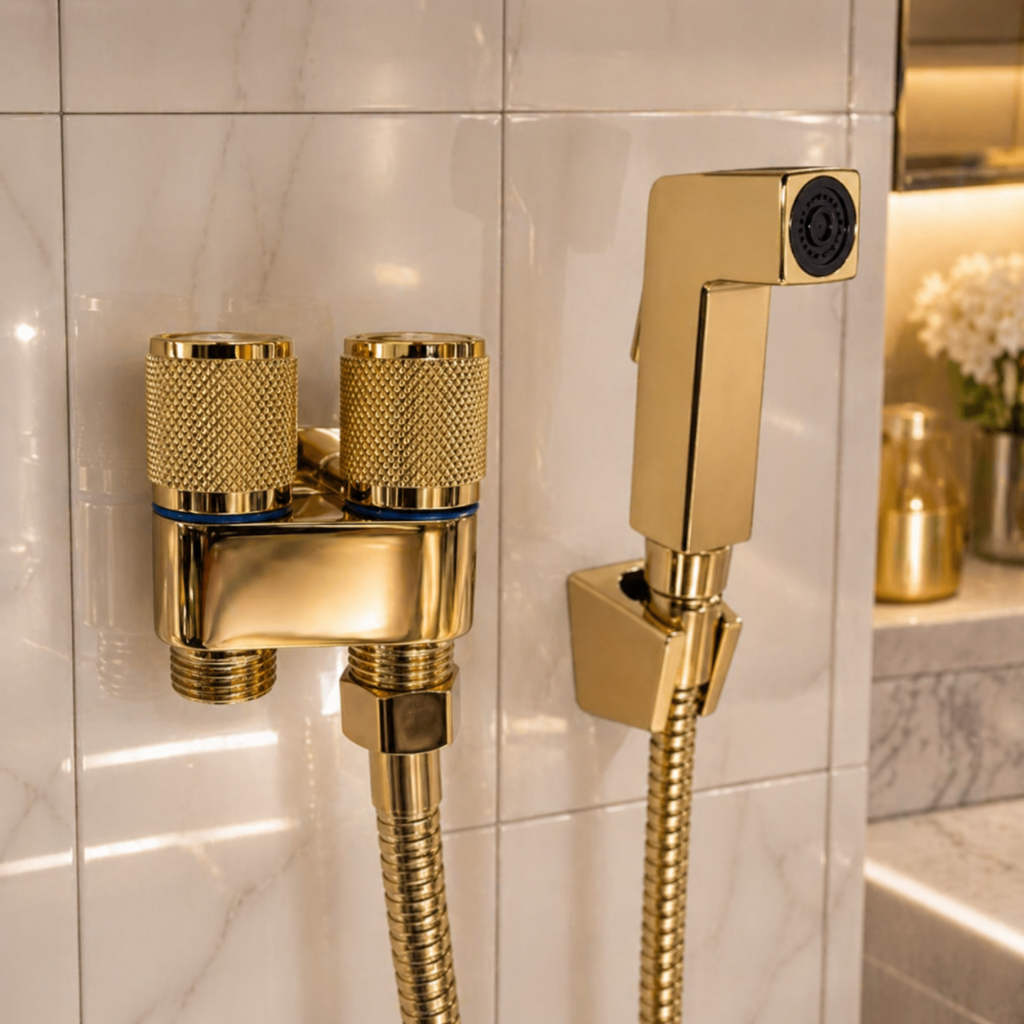 Ducha Higiênica REGISTO DUPLA SAÍDA DOURADO GOLD De Banheiro Lavatório Resistente Inox