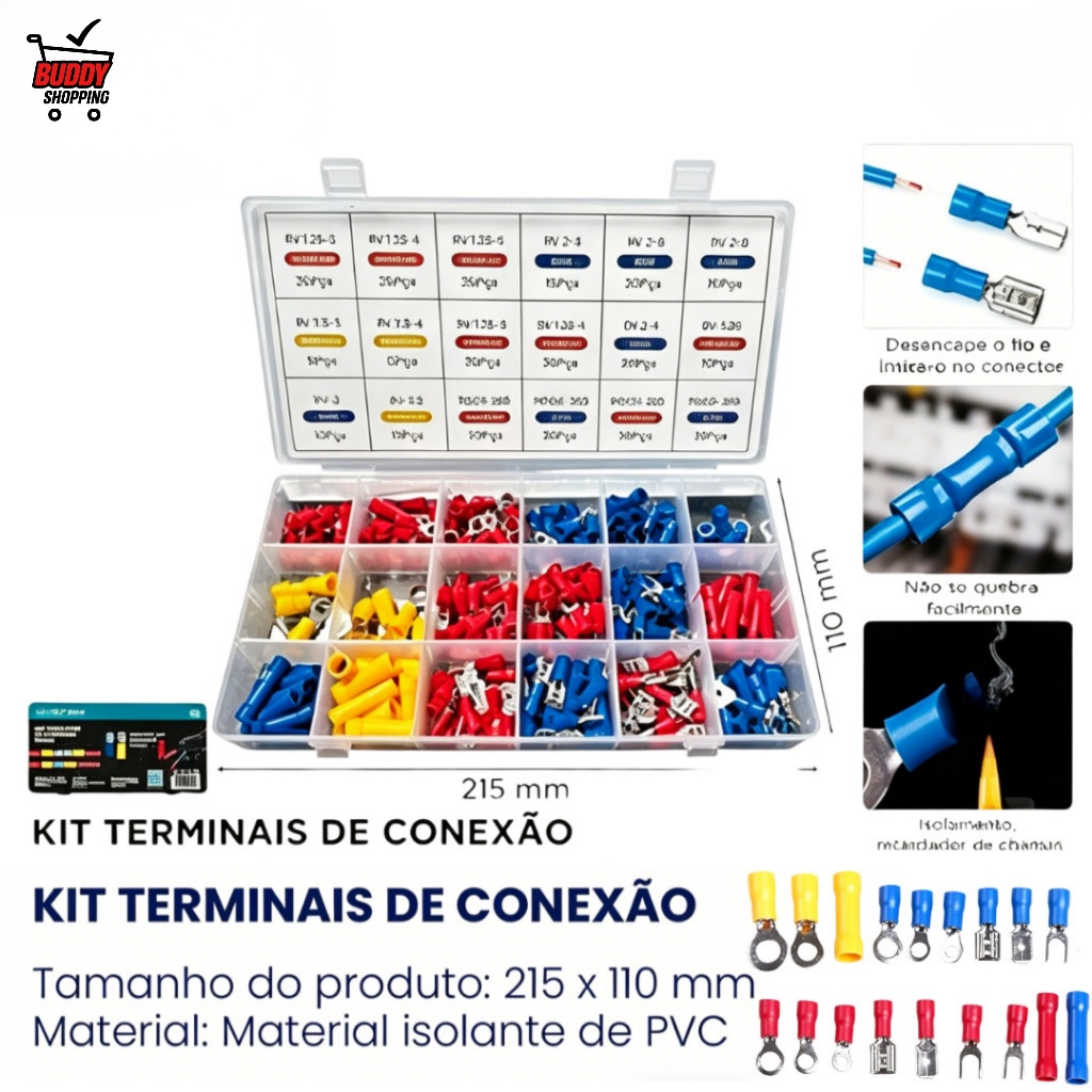 Kit 295 Terminais Elétricos Isolados 0.5-6mm² 22-10AWG Conector de Fio Luatek LW