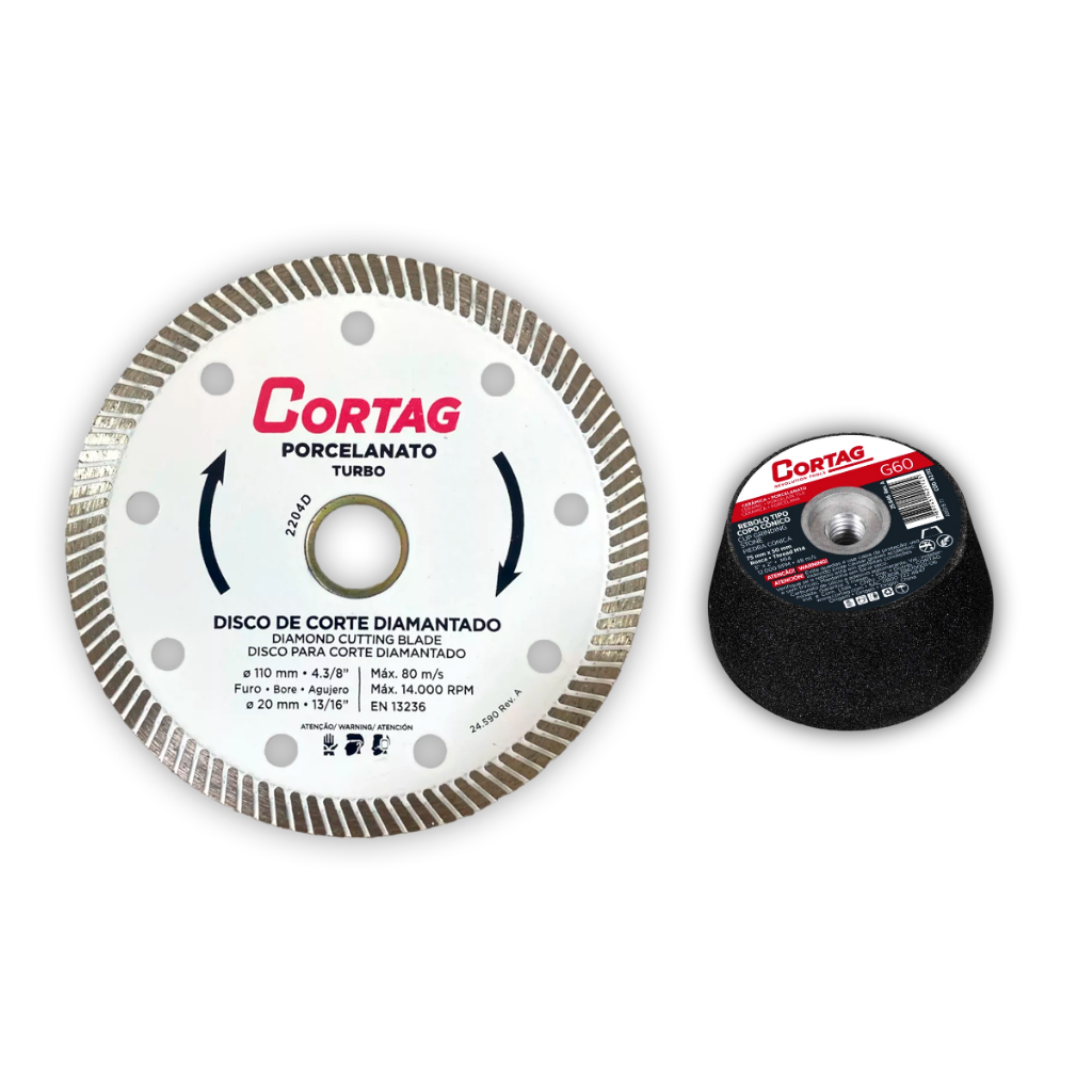Disco Corte Diamantado Cortag 60863 + Rebolo Cônico G60 ou G120 Kit para Concreto Pedra