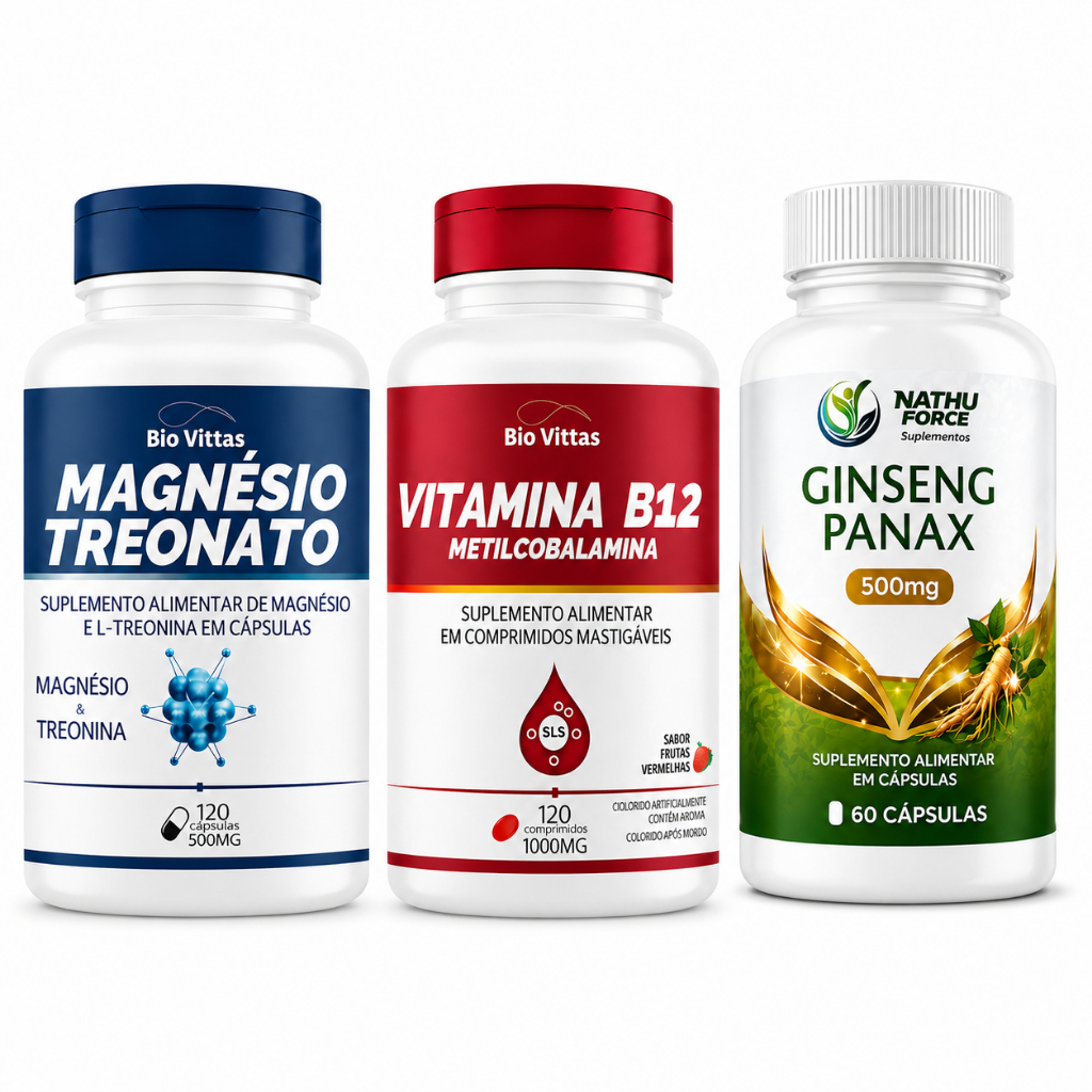 Kit Bem-Estar: Magnésio Treonato + Vitamina B12 + Panax G. – Combo 3 Frascos