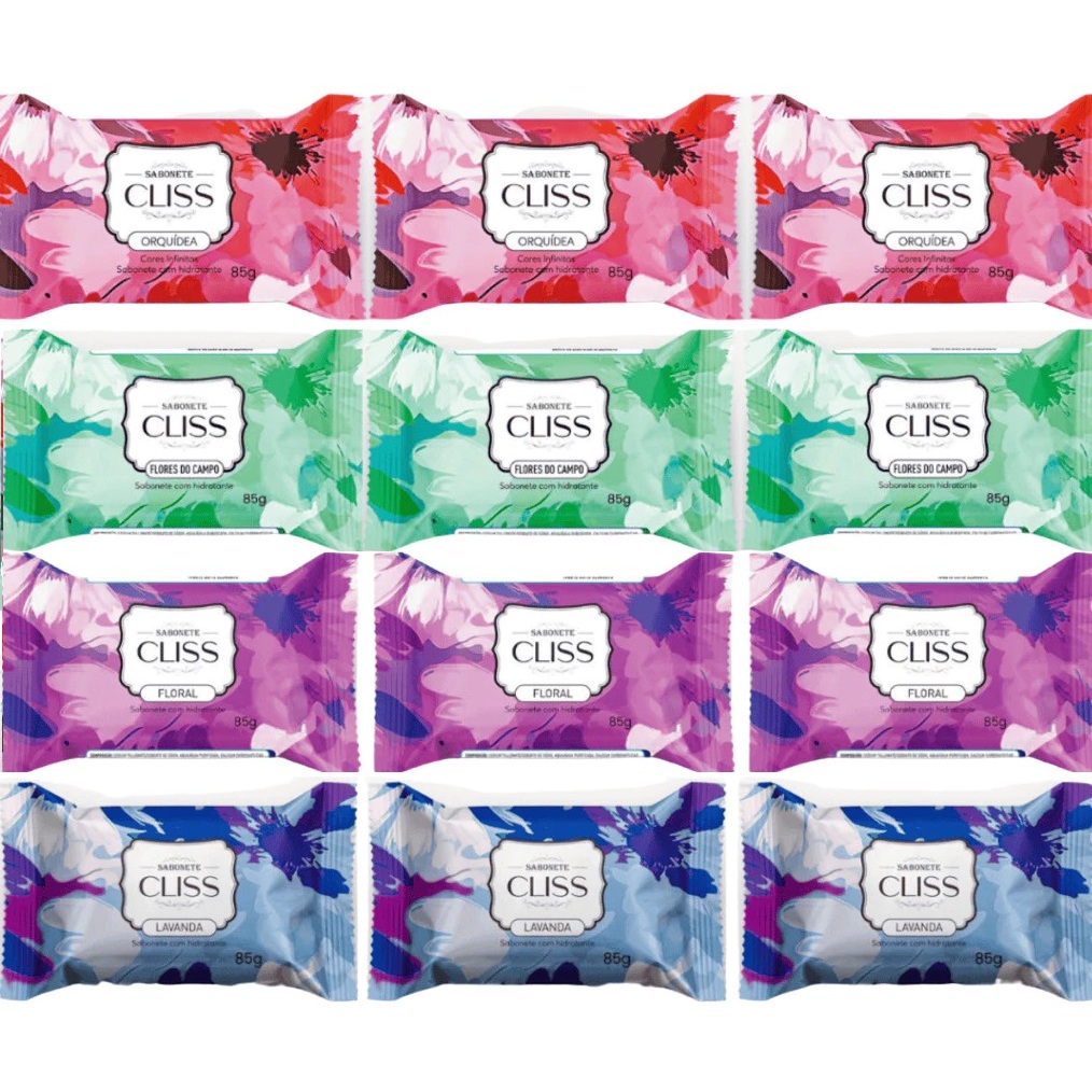 Kit 12x e 24x Sabonete Com Hidratante Cliss em Barra 85g Lavanda, Floral, Orquídea e Flores do Campo Perfumado