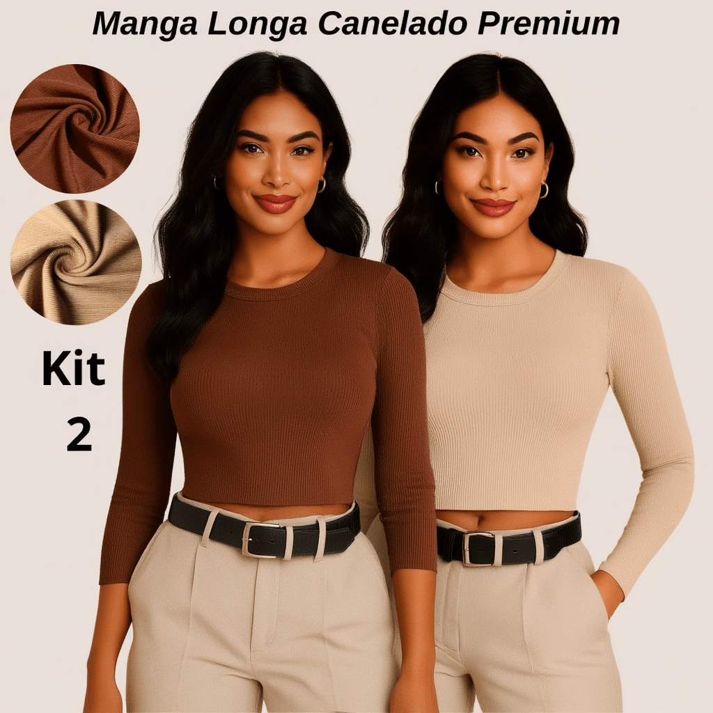 Kit com 2 Cropped Blusa Feminina Manga Longa  Pele LISA - Ribana Canelada Premium Elastano