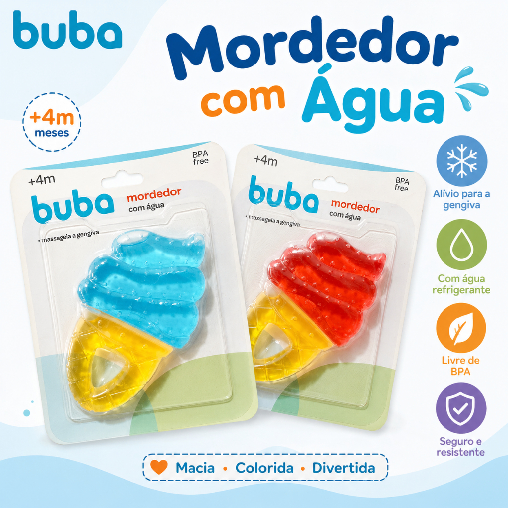 Mordedor de Água para Bebê BUBA com Silicone Macio Sorvete Azul e Vermelho Menina e Menina