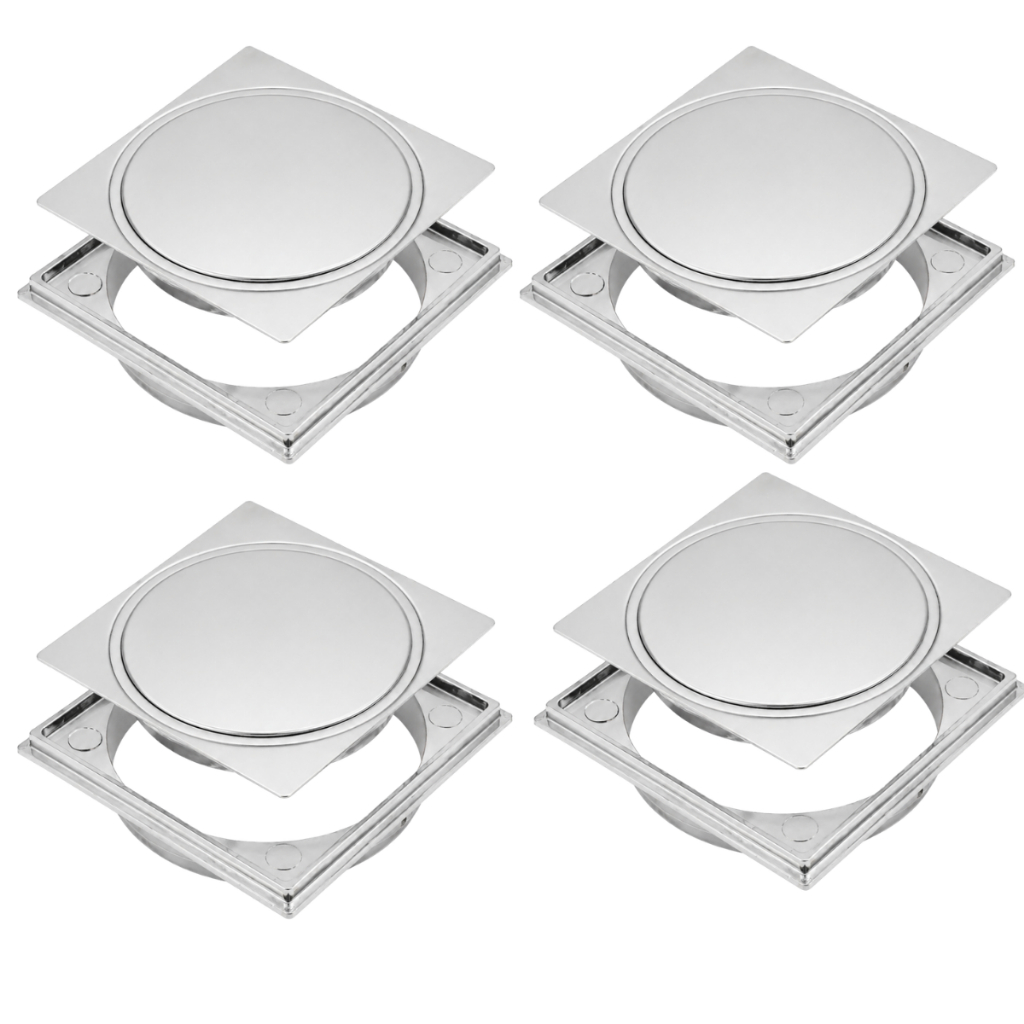 Kit 04 Ralos Click Em Aço 10x10 Para Banheiro Cromado Inteligente Com Porta Grelha Em ABS