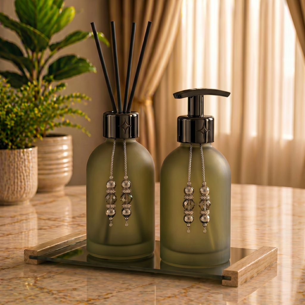 Kit Lavabo Sabonete Liquido + Difusor Ambientes Rubelita em Vidro + Bandeja Em vidro luxuosa