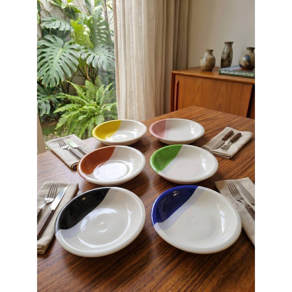 Jogo 24 Pratos Fundos Cerâmica 23cm Bicolor Jantar Sopa Mesa Posta Atacado Profissional Buffet Restaurante Luxo