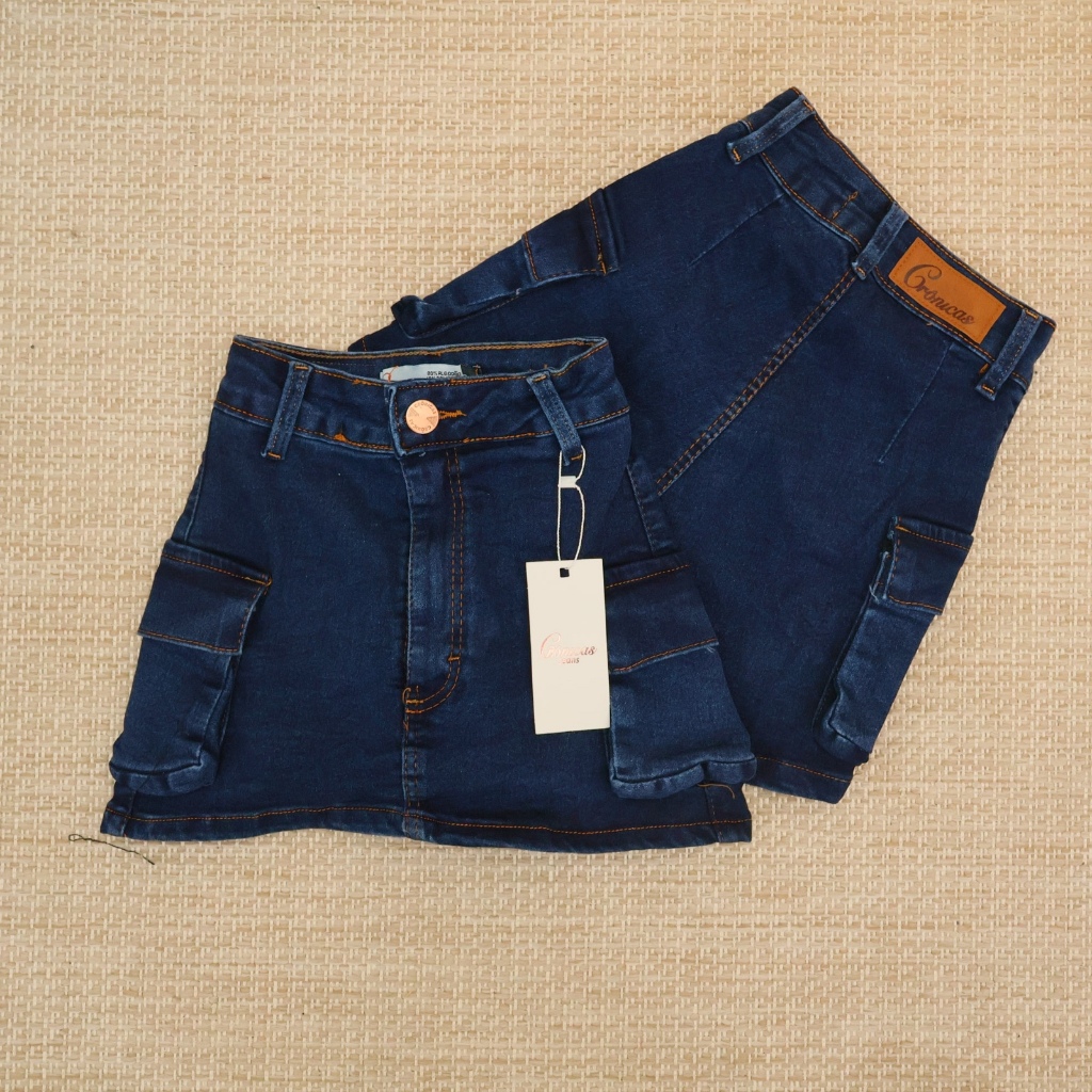 Short saia bolso saco escuro Short Saia Feminino Liso Curto Jeans Basico Tendencia cronicas jeans