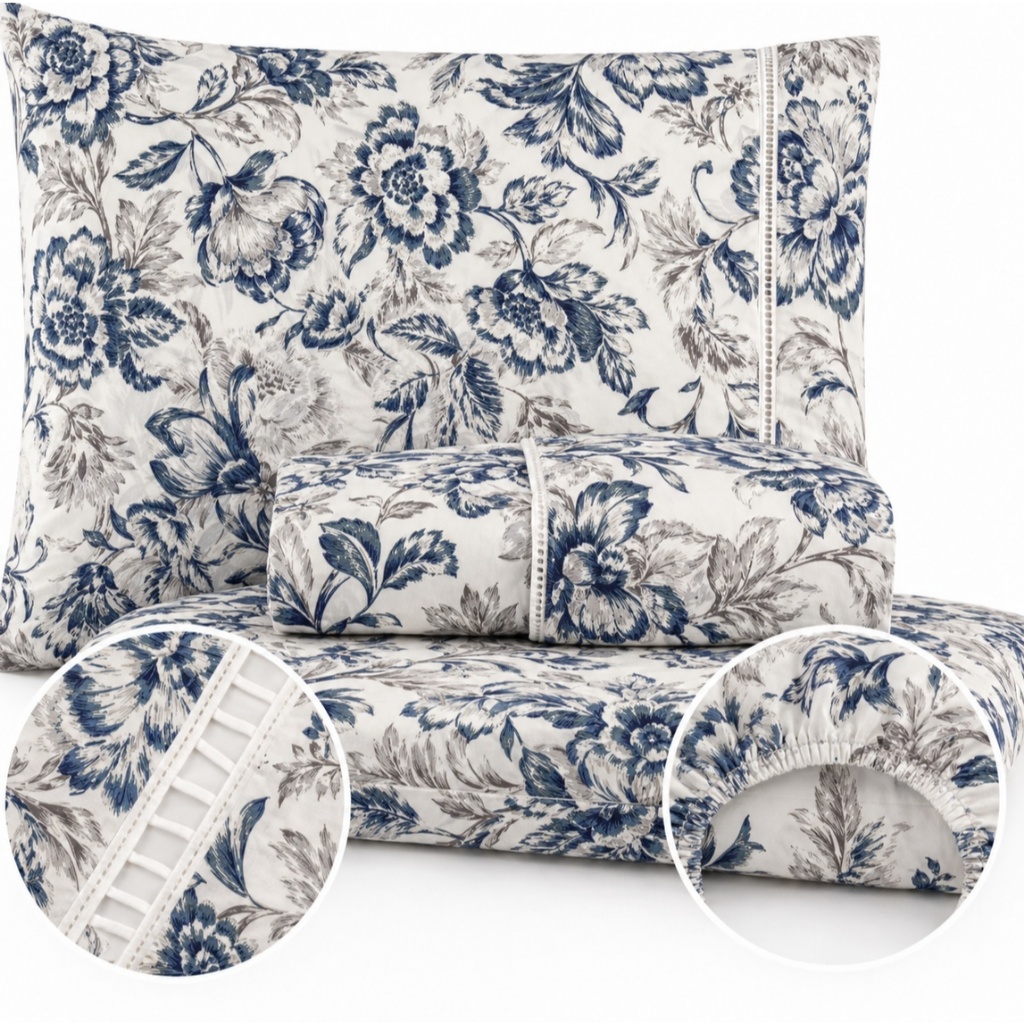 Jogo de Lençol Estampado Floral Ponto Palito 400 Fios Solteiro Casal Queen Vários Tamanhos