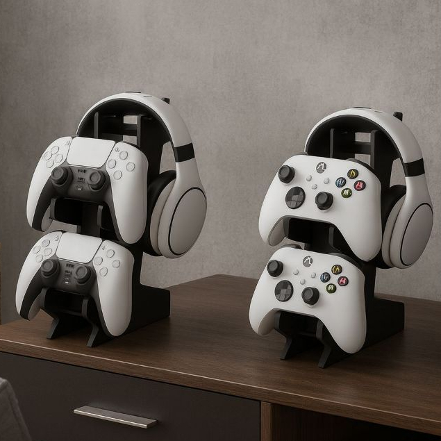 Kit 2 Unidades Suporte Duplo Controle Video Game e Fone de Ouvido Headset Mdf Preto