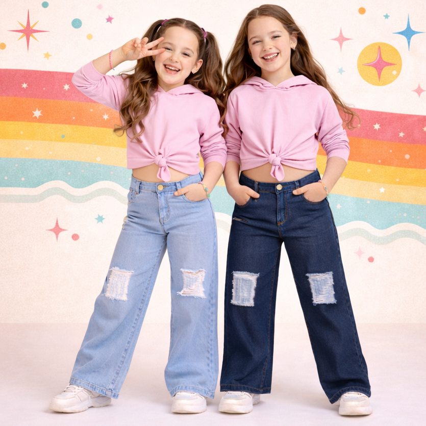 Calça wide legue jeans com bolsos pantalona street moda feminina cintura alta