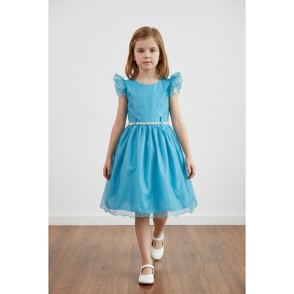 Vestido Infantil Midi Glitter Godê Azul Turquesa