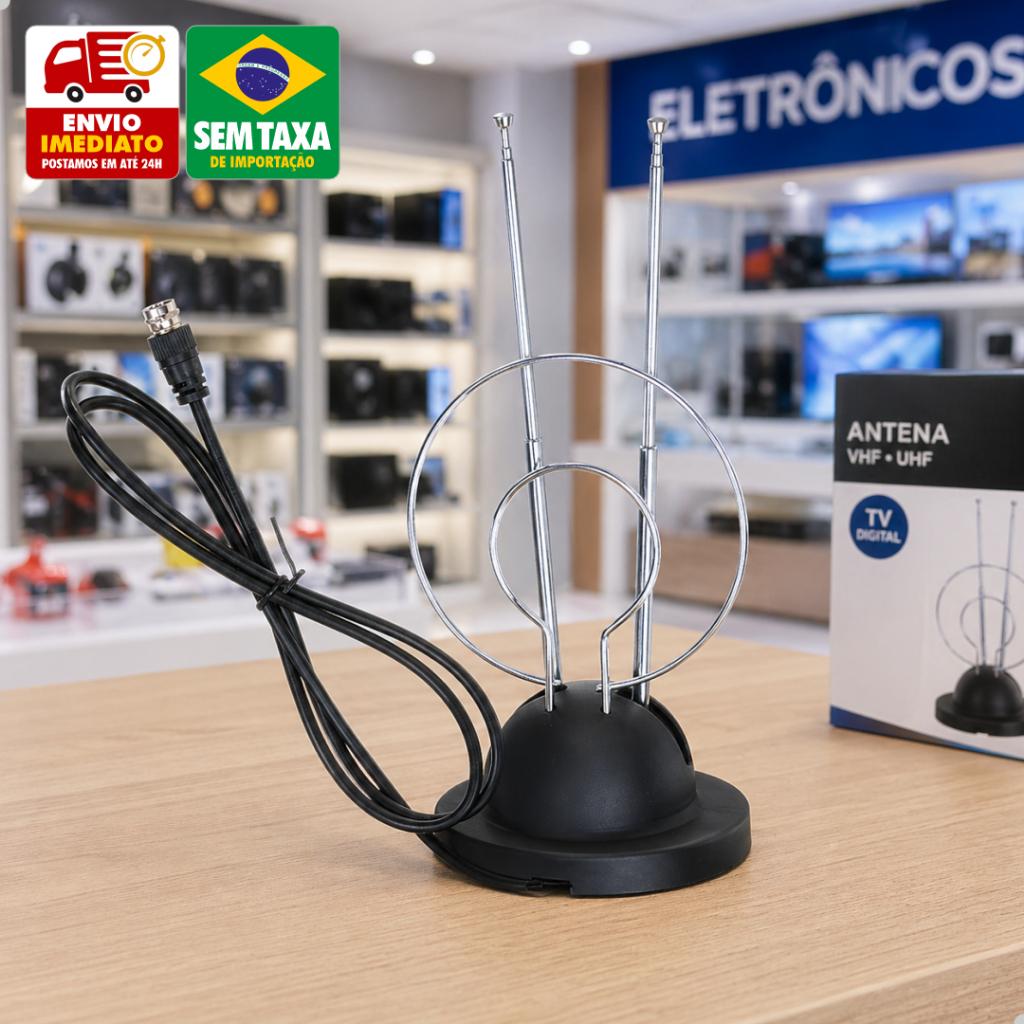 Antena Interna HDTV TV Digital VHF UHF Cabo 95cm Base Ajustável 2 Hastes Alumínio