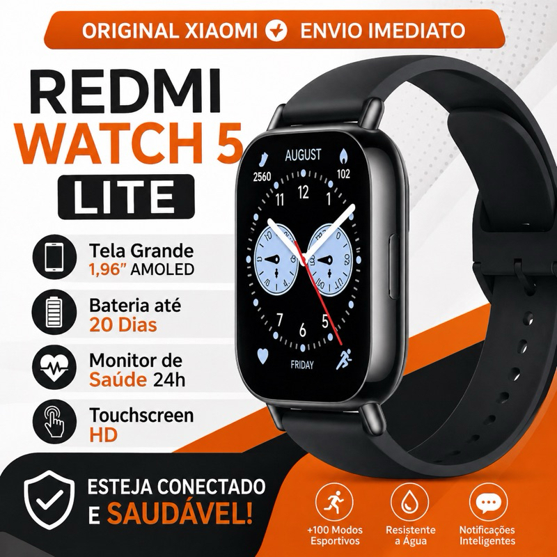 Smartwatch Redmi Watch 5 Lite Xiaomi Original Tela Grande HD Monitor Saúde Bateria Longa Prova D’Água Masculino Feminino
