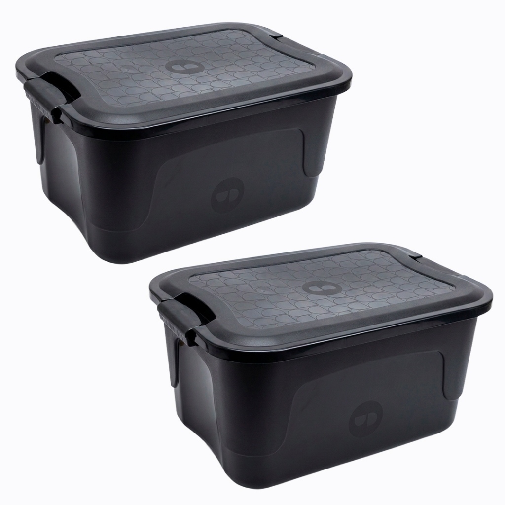 Kit 2 Caixa 30L Container Organizadora Grande Tampa e Trava Plástica Resistente Multiuso Preta